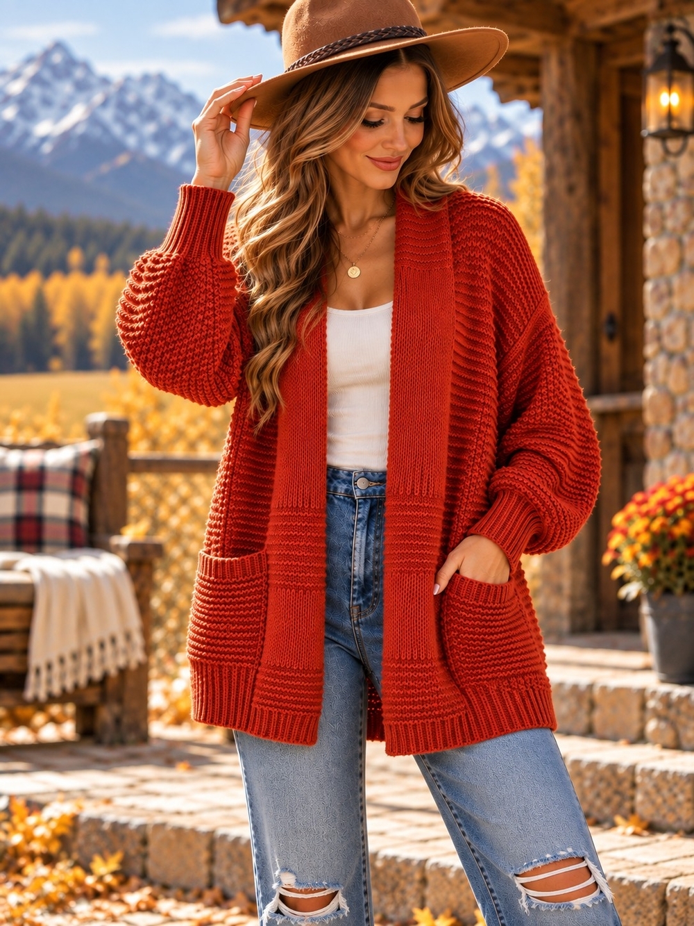 Red Chunky Knit Open-Front Cardigan Sweater Rust Small